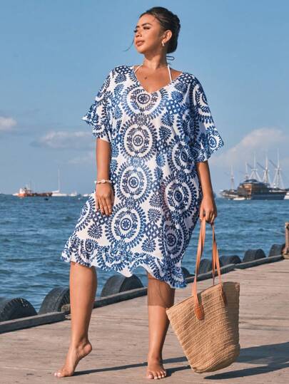 Swim Vcay Plus Size Women's Vacation Plant Print V-Neck Batwing Sleeve Loose Cover Up Dress Summer