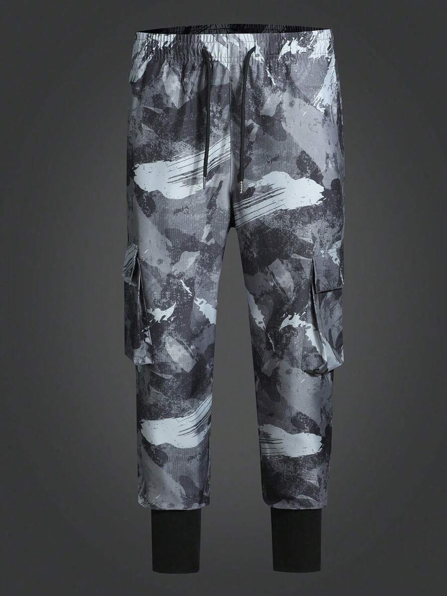 Manfinity Sport Corelite Boyfriend Style Men Brush Print Drawstring Waist Cargo Pants