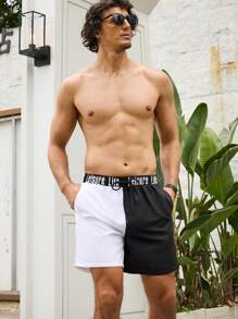 Manfinity Pantalones cortos de playa para hombres en bloque de color con jacquard de letra, cordón ajustable y cintura elástica suelta