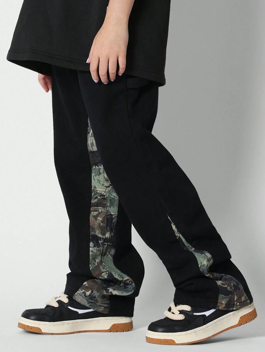 SUMWON 十幾歲女孩擴腳牛仔褲，迷彩印花板塊細節