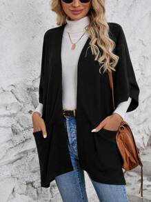 SHEIN LUNE جاكيت عمل سوداء بستايل كيب للنساء لفصل الخريف/الشتاء، مناسبة للمدرسات - الأسود - مشاهدة 4