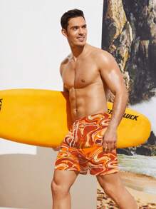 SHEIN X Hangout Fest Manfinity Swimmode Men's Marble Printed Drawstring Wide-Legged Loose Beach Shorts For Vacation - Multicolor - View 1