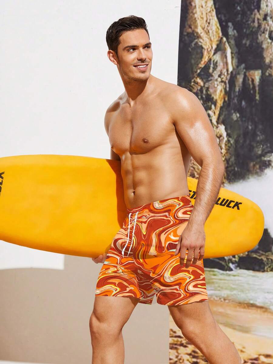 SHEIN X Hangout Fest Manfinity Swimmode Men's Marble Printed Drawstring Wide-Legged Loose Beach Shorts For Vacation - Multicolor - View 1