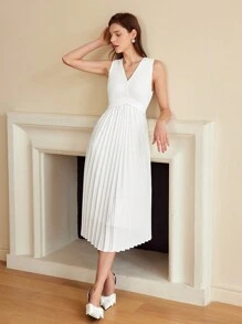 MOTF PREMIUM SOLID V-NECK TIE BACK PLEATED DRESS