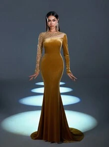 Faeriesty Contrast Sequin Mermaid Hem Velvet Formal Dress - Champagne - View 4