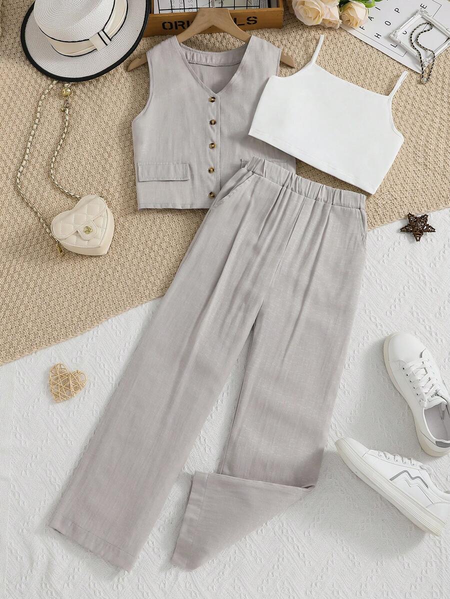 Conjunto de 3 piezas para niña preadolescente: camiseta casual blanca de manga corta, top sin mangas y pantalón largo - Blanco - Ver 1