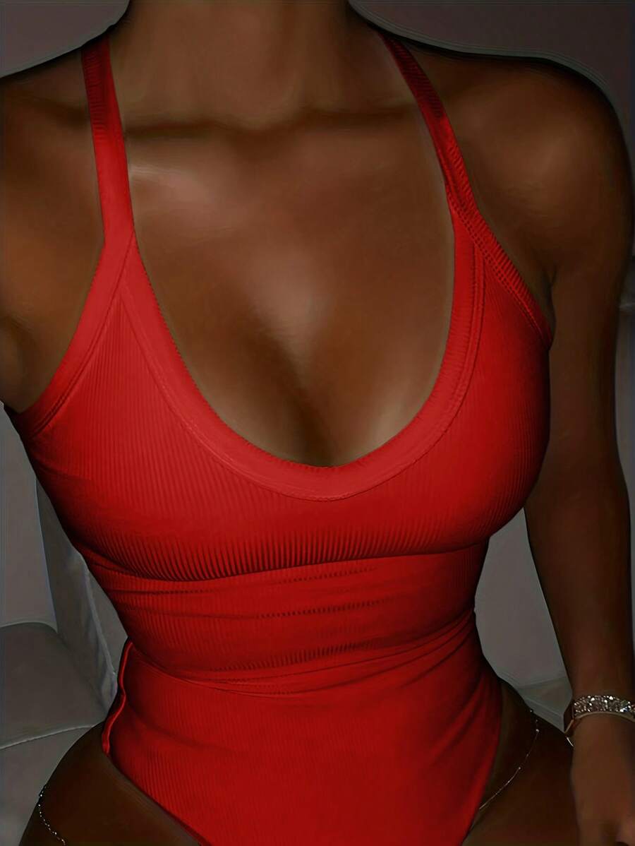 INAWLY Body sólido rojo sin mangas, sexy con tirantes espaguetis y espalda descubierta para mujer, verano - Rojo - Ver 1