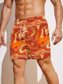 SHEIN X Hangout Fest Manfinity Swimmode Men's Marble Printed Drawstring Wide-Legged Loose Beach Shorts For Vacation - Multicolor - View 3