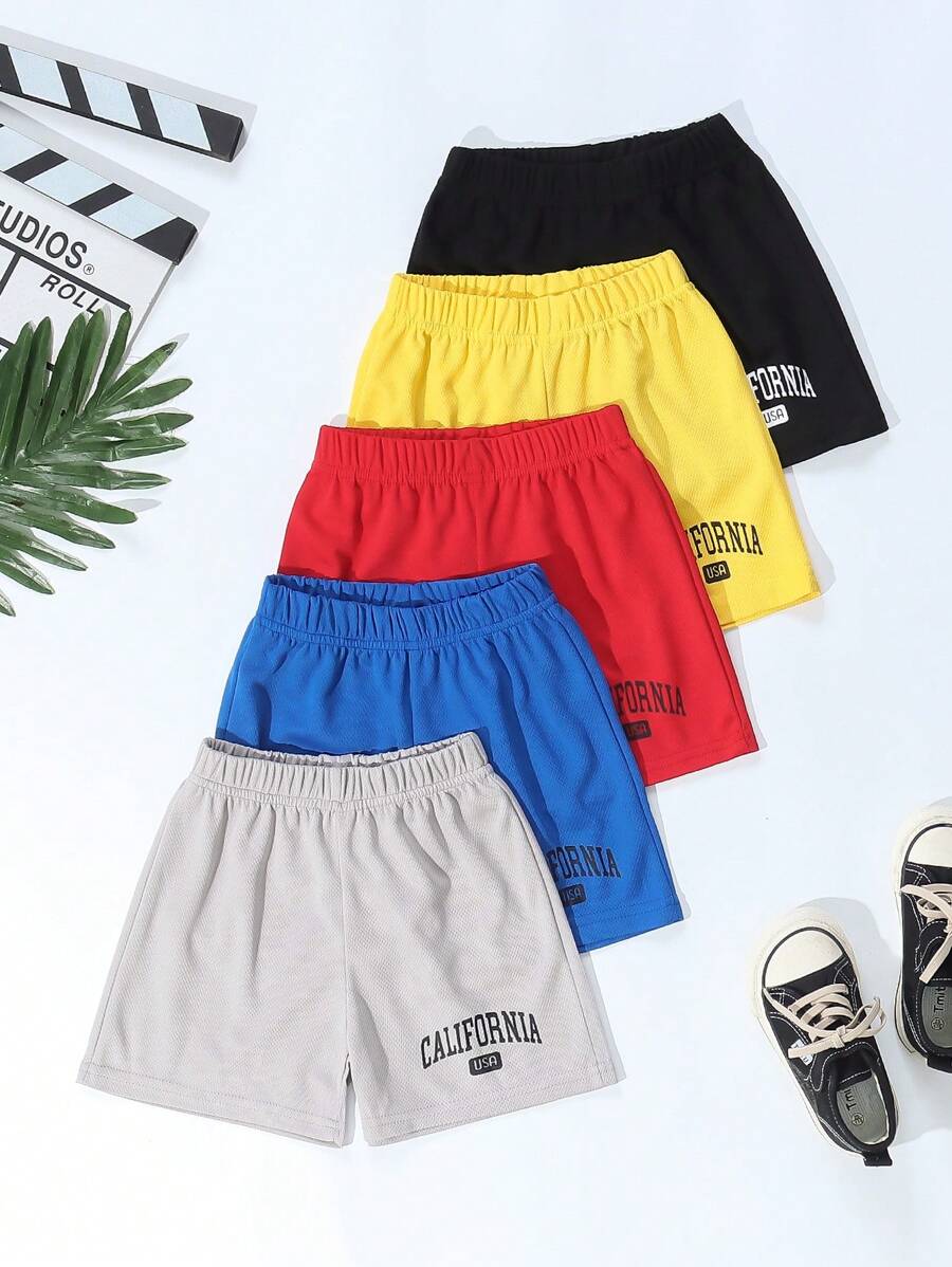 SHEIN 5pcs Young Boy Letter Printed Shorts Set - Getaway, Holiday, Travel, Relax, Sunbathing, Summer, School, Campus, College