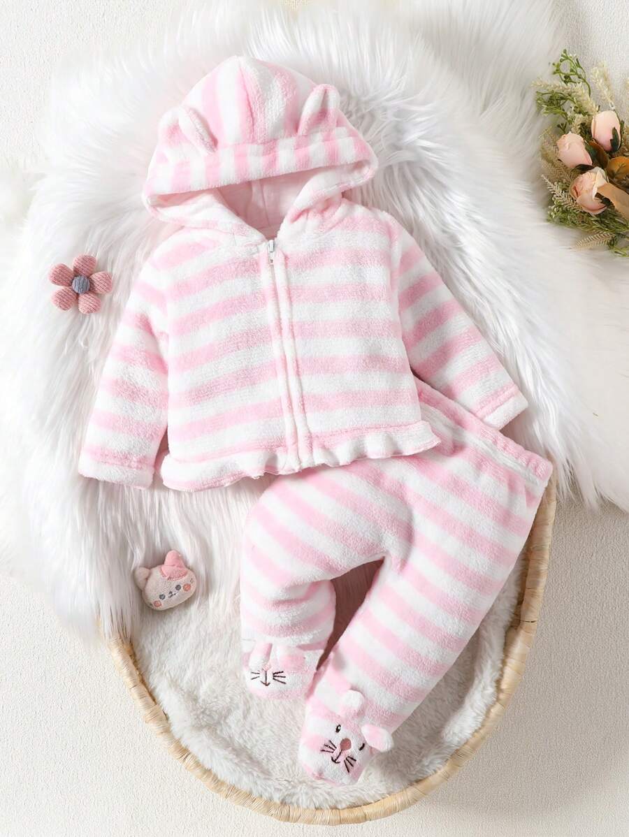 Baby Girls' Comfortable And Cute Pink Striped Animal Shape Hemmed Homewear Set, Hooded Long Sleeve And Long Pants - Pink - View 1