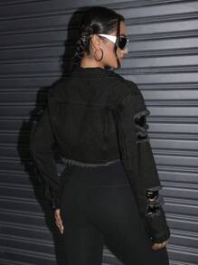 SHEIN Tall Women's Distressed Hem Washed Denim Jacket With Fringes, Autumn - Black - View 2