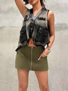 SHEIN Unity Women Plain Zipper Front Straight Short Casual Skirt - Army Green - View 2