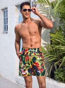 Manfinity VDAYZ Men's Tropical Plant Printed Drawstring Elastic Waist Loose Beach Shorts (Print Cutting Random) - Multicolor - View 7