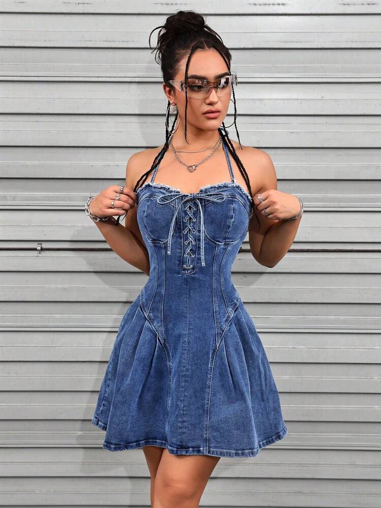 SHEIN ICON Women's Summer Casual Washed Denim Dress With Corn Straps And  Neck Tie | SHEIN EUQS