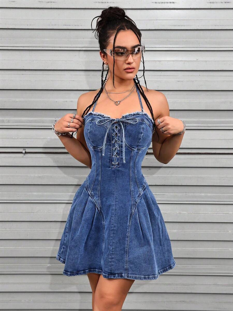 SHEIN ICON Women's Summer Casual Washed Denim Dress With Eyelet Tie - Dark Wash - View 1