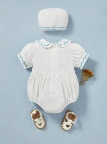 SHEIN Bộ 2 bộ đồ liền thân thêu hình gấu dễ thương phong cách Pháp cổ điển thanh lịch dành cho bé gái kèm mũ, trang phục xuân/hè - trắng - Xem 2