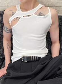 Men Cut Out Asymmetrical Neck Tank Top For Summer - White - View 1