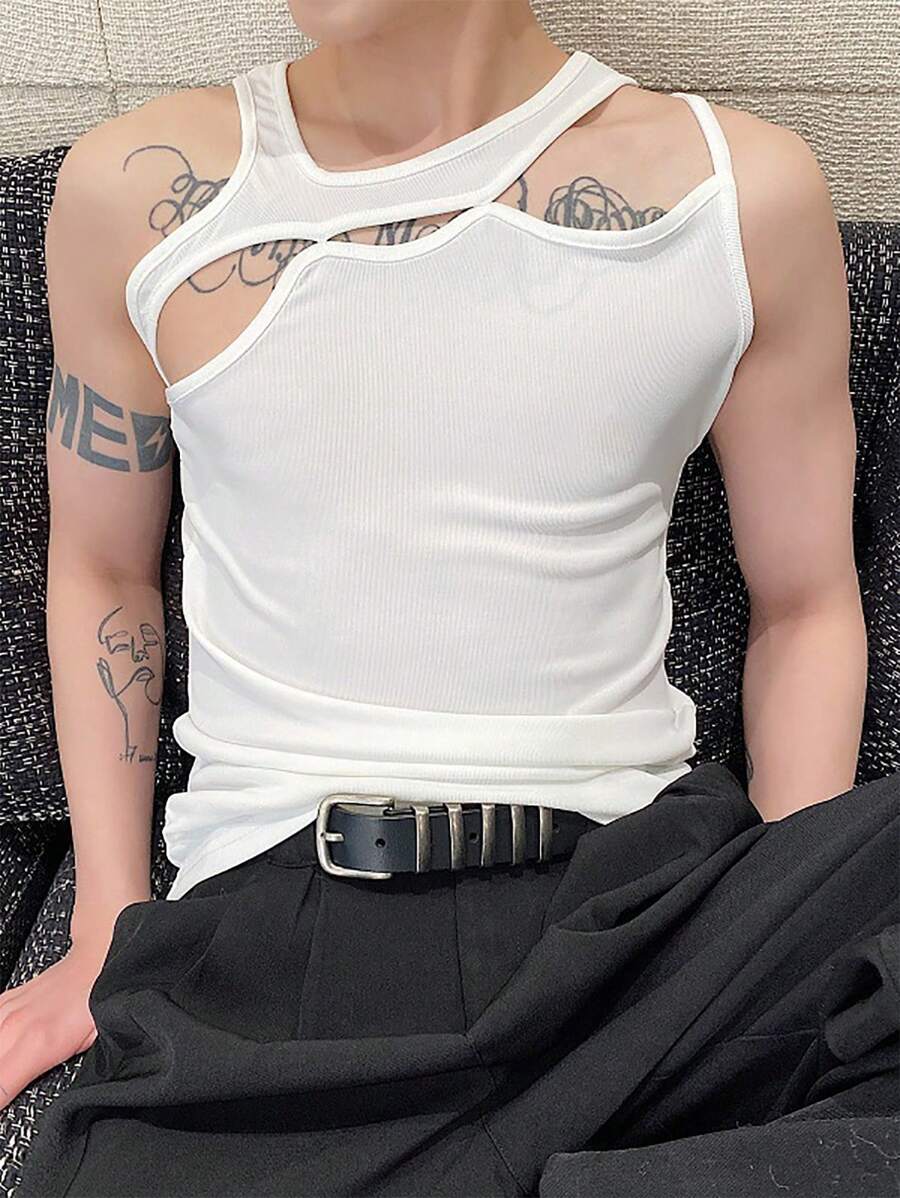 Men Cut Out Asymmetrical Neck Tank Top For Summer - White - View 1