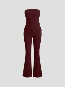 SHEIN Unity 純色無肩帶抹胸喇叭褲,適合日常穿著 - 酒紅色 - 查看 1