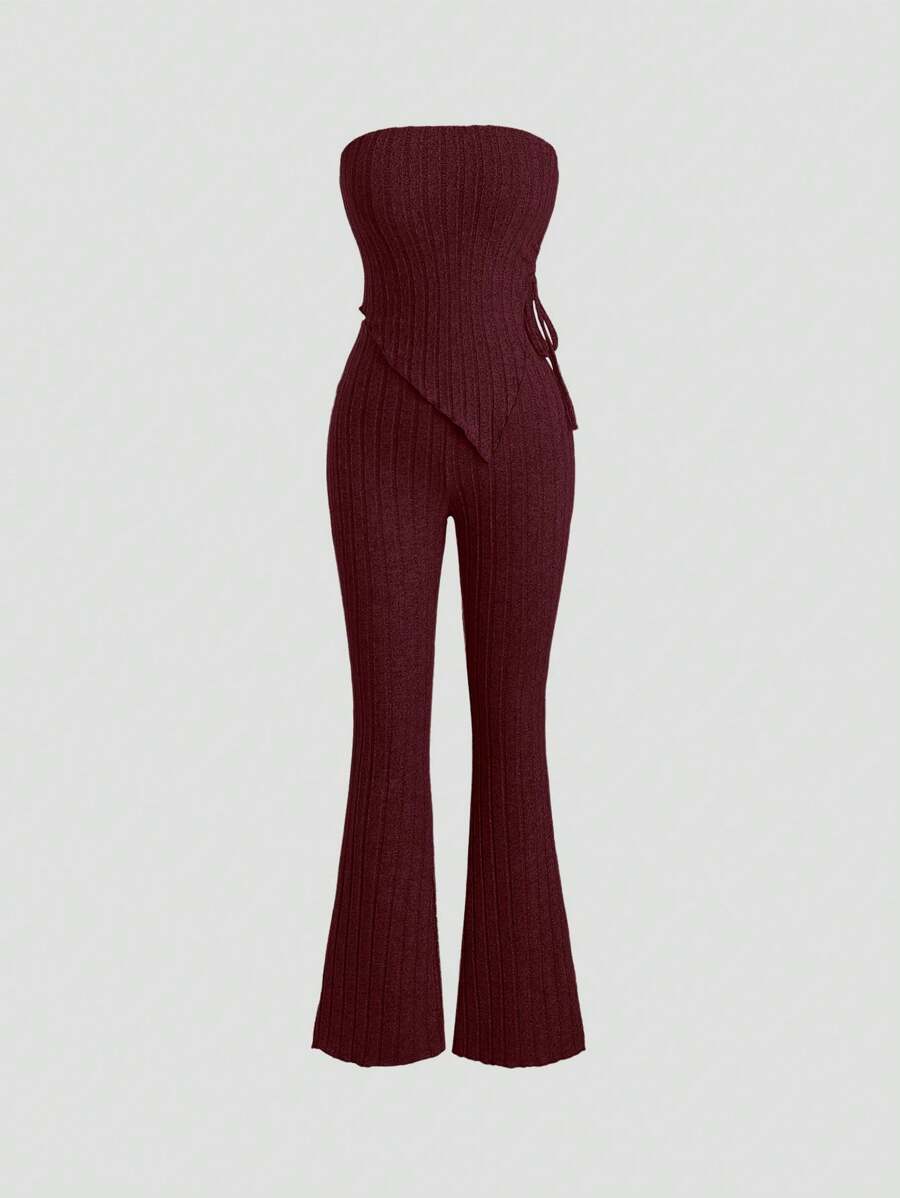 SHEIN Unity 純色無肩帶抹胸喇叭褲,適合日常穿著 - 酒紅色 - 查看 1