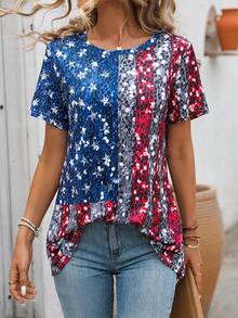 SHEIN LUNE 夏季休閒仿鑽石印花圓領短袖t恤 - 彩色 - 查看 5