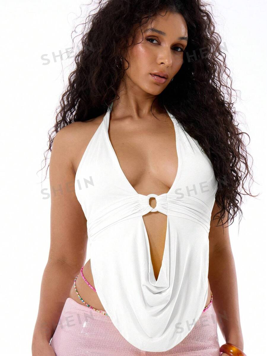 MUSERA Top halter escotado y sexy para club, vacaciones de verano, Ibiza, ropa de playa bohemia, vacaciones, primavera, verano, elegante, festival de Ibiza, estilo occidental