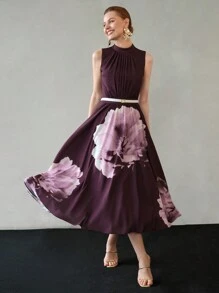 MOTF PREMIUM FLORAL PRINT MOCK NECK FOLD PLEATED DRESS