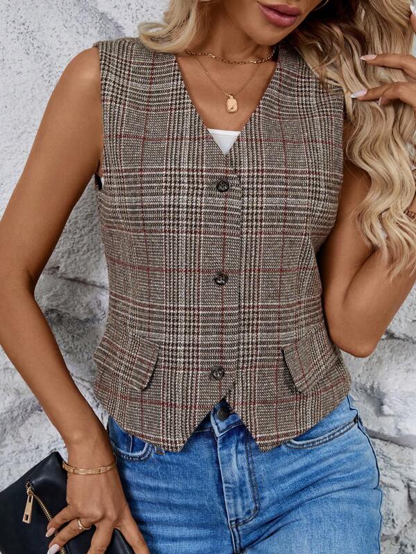 SHEIN LUNE Autumn/Winter Brown College Style Plaid Jacket For Women, Casual/Streetwear/Music Concert/American Independence Day/Back To School Season