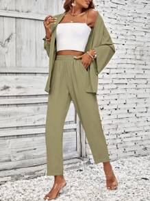 SHEIN LUNE Solid Open Front Coat & Trousers - Army Green - View 4