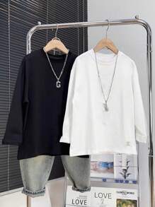 SHEIN Tween Boys Extended Size High Cost-Effective Buy One Get One Free Woven Label Crew Neck Long Sleeve T-Shirt