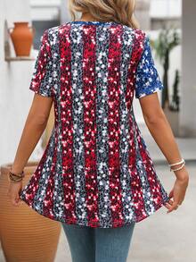 SHEIN LUNE 夏季休閒仿鑽石印花圓領短袖t恤 - 彩色 - 查看 2