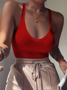 INAWLY Body sólido rojo sin mangas, sexy con tirantes espaguetis y espalda descubierta para mujer, verano - Rojo - Ver 4