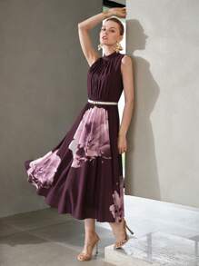 MOTF PREMIUM FLORAL PRINT MOCK NECK FOLD PLEATED DRESS