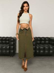 Denimoi High Waist Raw Hem Denim Skirt For Summer - Dark Wash - View 2