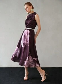 MOTF PREMIUM FLORAL PRINT MOCK NECK FOLD PLEATED DRESS