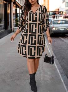 Plus Geo Print Roll Tab Sleeve Dress For Summer Fall Cloth For Women