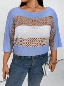 SHEIN LUNE Plus Colorblock Pointelle Knit Batwing Sleeve Sweater Knit Pullover Fall Winter - Multicolor - View 3