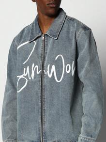 SUMWON Regular Fit Zip Front LS Denim Shirt With Front Graphic Print - Blue - View 3