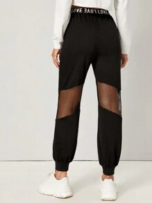 SHEIN EZwear 字母圖案腰漁網面褲子 - 黑色 - 查看 3