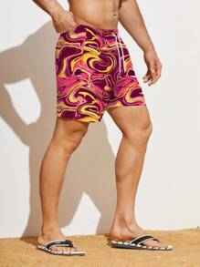 SHEIN X Hangout Fest Manfinity Swimmode Męskie szerokie spodenki plażowe ze sznurkiem i nadrukiem marmuru