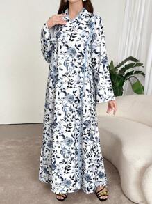Al Najma Women's Flower Printed Arabian Dress With Long Sleeves, Perfect For Vacation, Modest Full Length Jalabiya, Casual Long Sleeve Dress