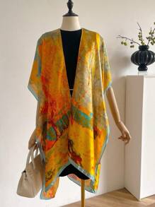 1 件仿丝印花长围巾，带开衩，适合女性日常使用，夏季遮盖和防晒 - 橘色 - 查看 2