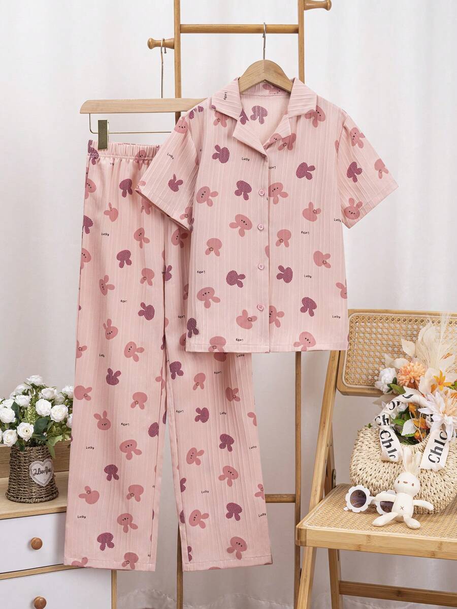 少女粉色泰迪印花短袖开衫和长裤休闲两件套家居服 - 粉色 - 查看 1