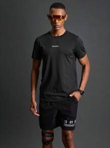 Coreblaze T-shirt de sport à manches courtes style boyfriend pour hommes avec impression de lettres, chemise de compression pour hommes - Noir - Voir 6