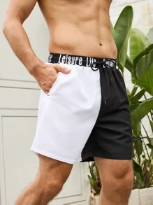 Manfinity Pantalones cortos de playa para hombres en bloque de color con jacquard de letra, cordón ajustable y cintura elástica suelta