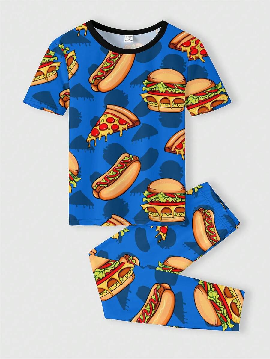 Cupones de alimentos, Hamburguesas, Perros Calientes, Pizza; 2 piezas/set de camiseta de manga corta con patrón de hamburguesa y pantalones informales para uso en el hogar para adolescentes varones, primavera y verano - Multicolor - Ver 1