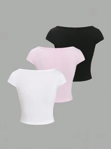 Sweetra 女士夏季純色甜心領褶皺短袖修身T恤