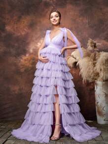 Faeriesty Dressalisa Maternity Backless Layered Tulle Hem Photography Dress - Lilac Purple - View 5