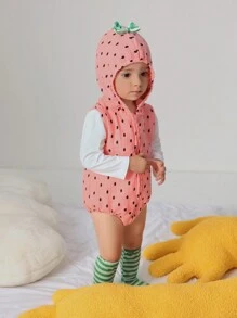 SHEIN 3入組嬰兒女童春秋時尚網紗波點連帽無袖連體衣，配長袖，純色嬉戲裝束 - 彩色 - 查看 5