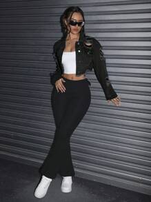 SHEIN Tall Women's Distressed Hem Washed Denim Jacket With Fringes, Autumn - Black - View 5